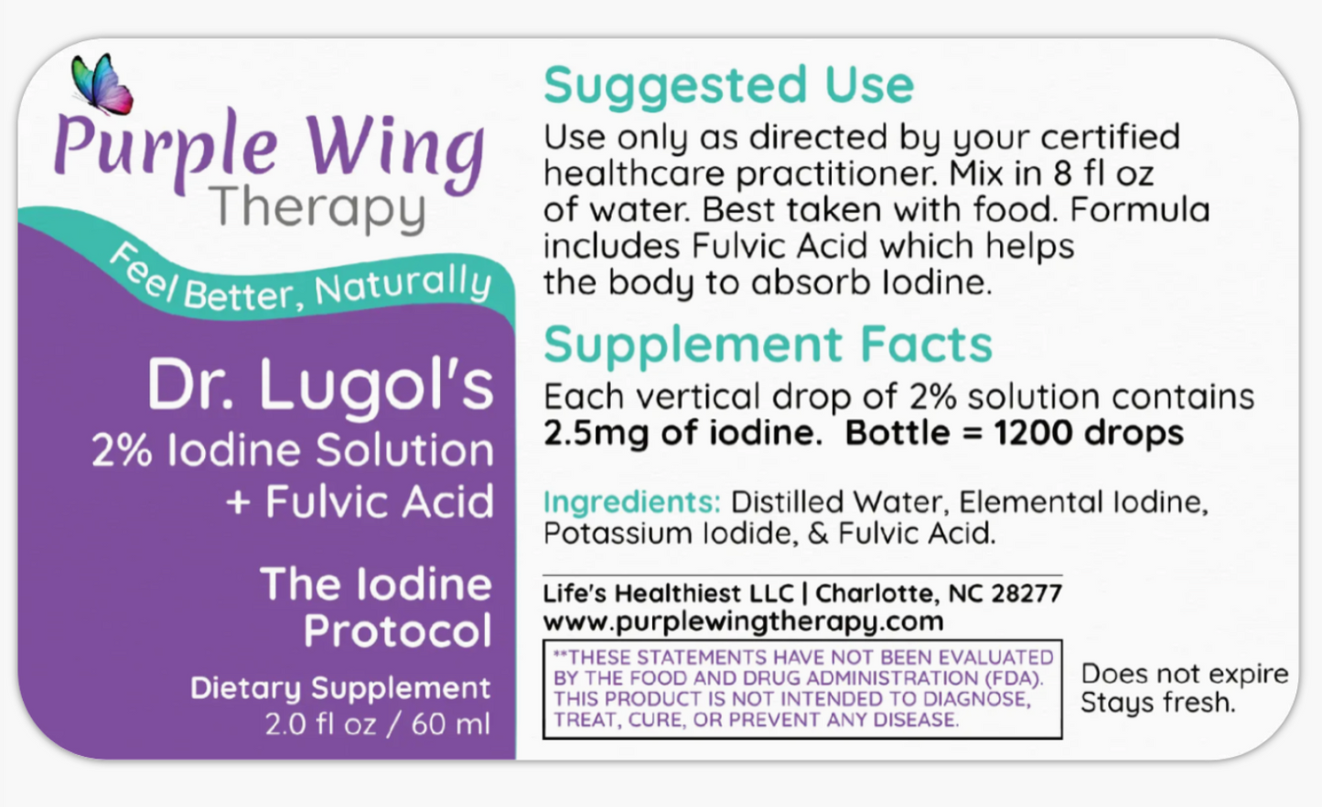 Purple Wing Therapy Dr. Lugol's 2% Iodine Solution + Fulvic Acid 2.0 fl oz 60ml (The Iodine Protocol)